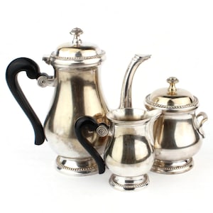 Vintage English Coffee Set, Silver Plated Brass Tea Set, 3 Piece Pot Sugar Milk Jug, Black Handles, Worn Silver Plating, 1L Capacity