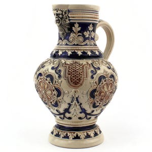 Antique German Pitcher, 2L Westerwald Jug, Cobalt Blue Grey Stoneware, Baroque Tavern Style, Relief Mask, 615 Marked, Living Room Decor Gift