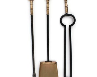 Vintage French Fireplace Tool Set With Brass Handles, 3 Piece Wrought Iron Shovel Poker And Tongs, Mid Century Fire Tools, Rustic Home Decor