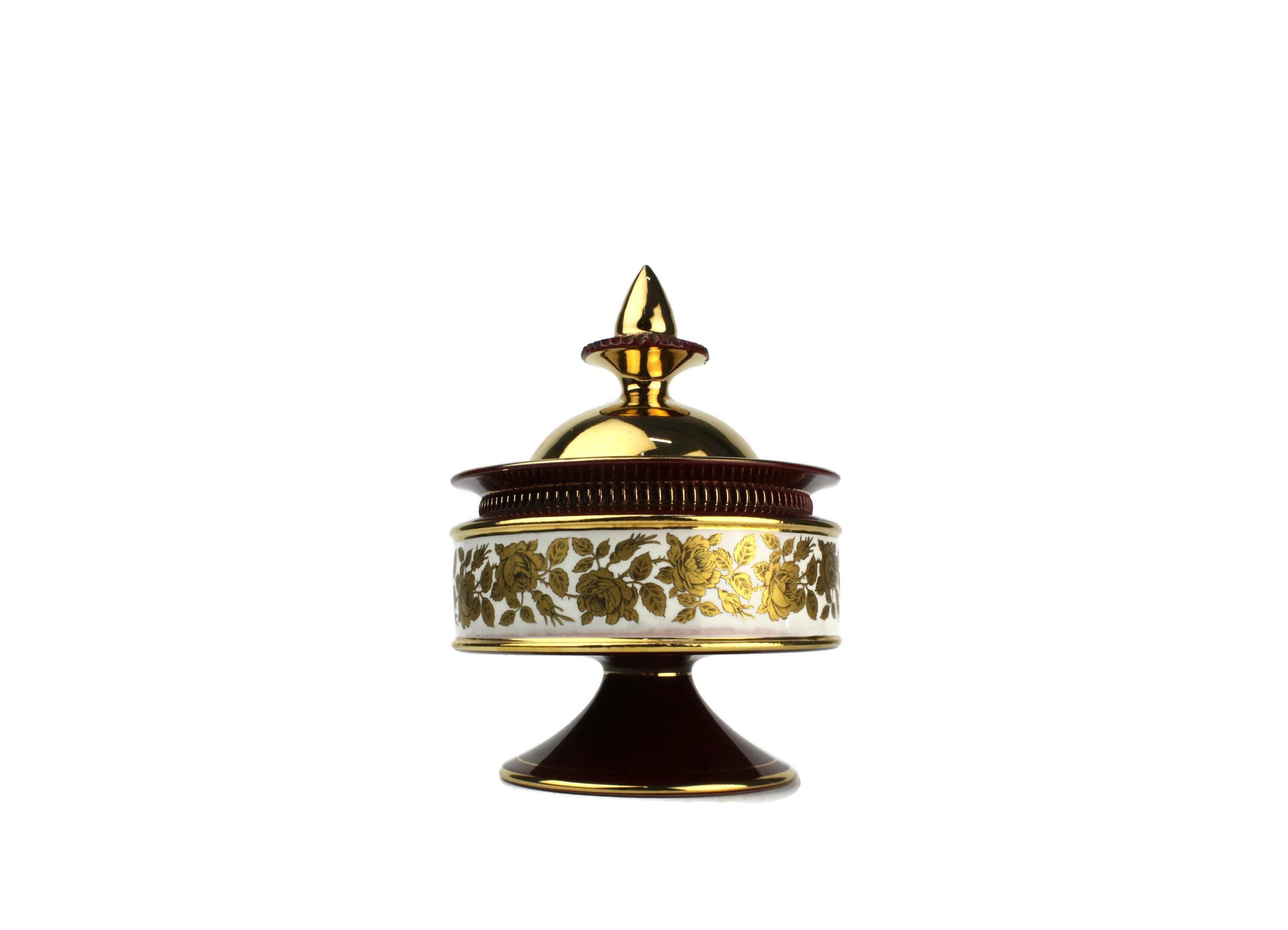 Italian Handmade Candy Dish, Burgundy And Gold Florentine Sweets Jar, Ceramic Jar With Lid, Wedding Table Decor, Floral Ornate Italy