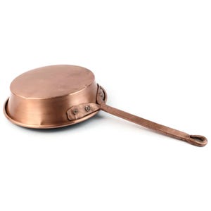 May include: A copper saucepan with a long, straight handle. The pan has a rounded base and a slightly flared rim. The handle is attached to the pan with rivets. The pan is made of a shiny, reflective metal.