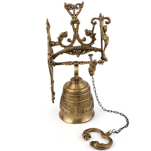Vintage Brass Door Bell, Front Door Ringer, Ornate Cast Brass, Front Porch Decor, Manual Door Bell With Chain Hanger, Pull Chain Ringer