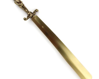 Vintage English Brass Shoehorn, Medieval Knight Handle, Elpec  Figural Shoe Horn, Long Dressing Accessory, Made In England