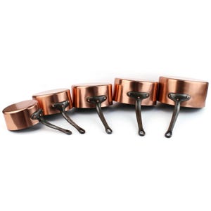French Copper Saucepan Set Of 5, Tin Lined Copper Cookware, Vintage Kitchen Copper Decor, Tinned Frying Pans, Cooking Pans With Iron Handles