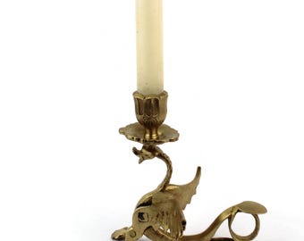 Antique Brass Dragon Candlestick, Gothic Style Brass Candle Holder, Winged Creature Candle Stick, Asian Mythical Brass Decor, Medieval Home