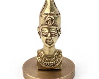 Vintage Egyptian Brass Bust Figurine, Pharaoh Head Sculpture On Round Base, Mid-Century Solid Brass Decor, Ancient Egypt Inspired Ornament