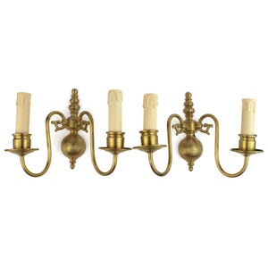 Pair Of Brass Sconces, French Brass Wall Sconces, Vintage Two-Arm Electric Lights, Antique Brass Wall Lights, Dual Branch Light Mounts