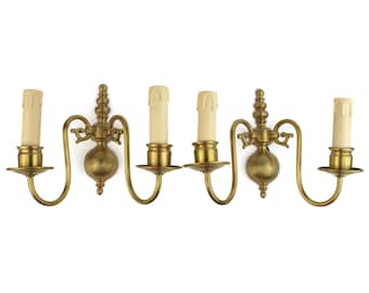Pair Of Brass Sconces, French Brass Wall Sconces, Vintage Two-Arm Electric Lights, Antique Brass Wall Lights, Dual Branch Light Mounts