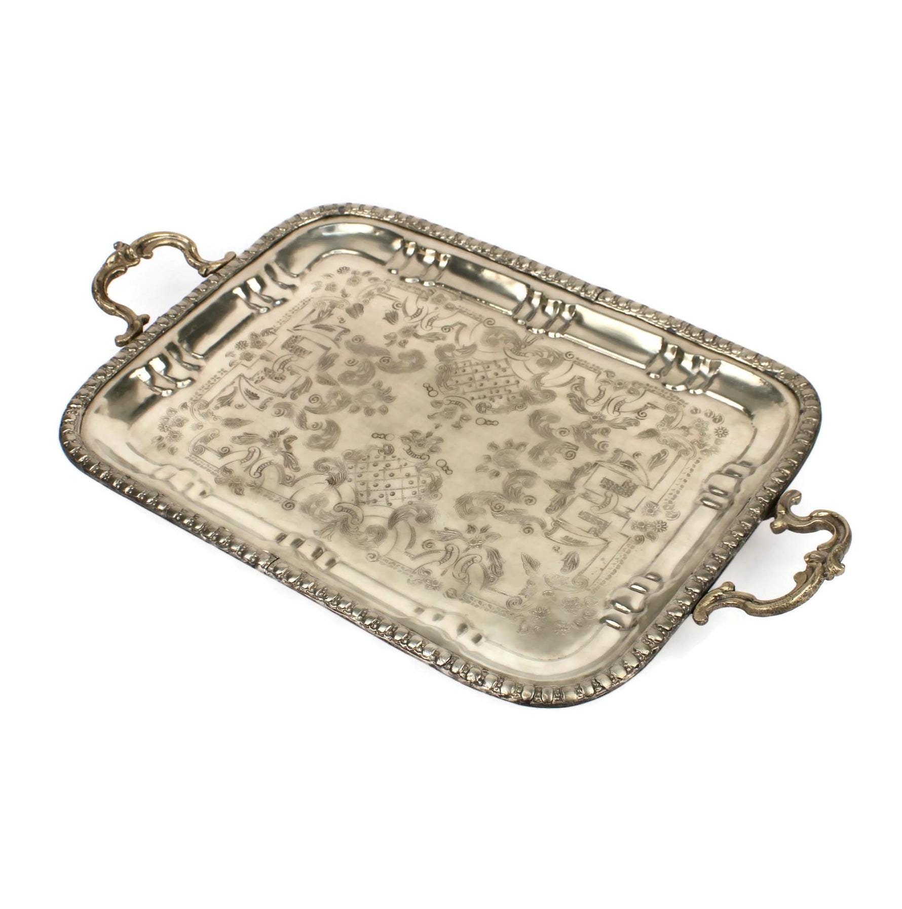 Antique Moroccan Tray, Metal Serving Tray, Hand Engraved Tray Morocco, Handmade Tray With Arabic Ornate, Vintage Dining Tray With Handles