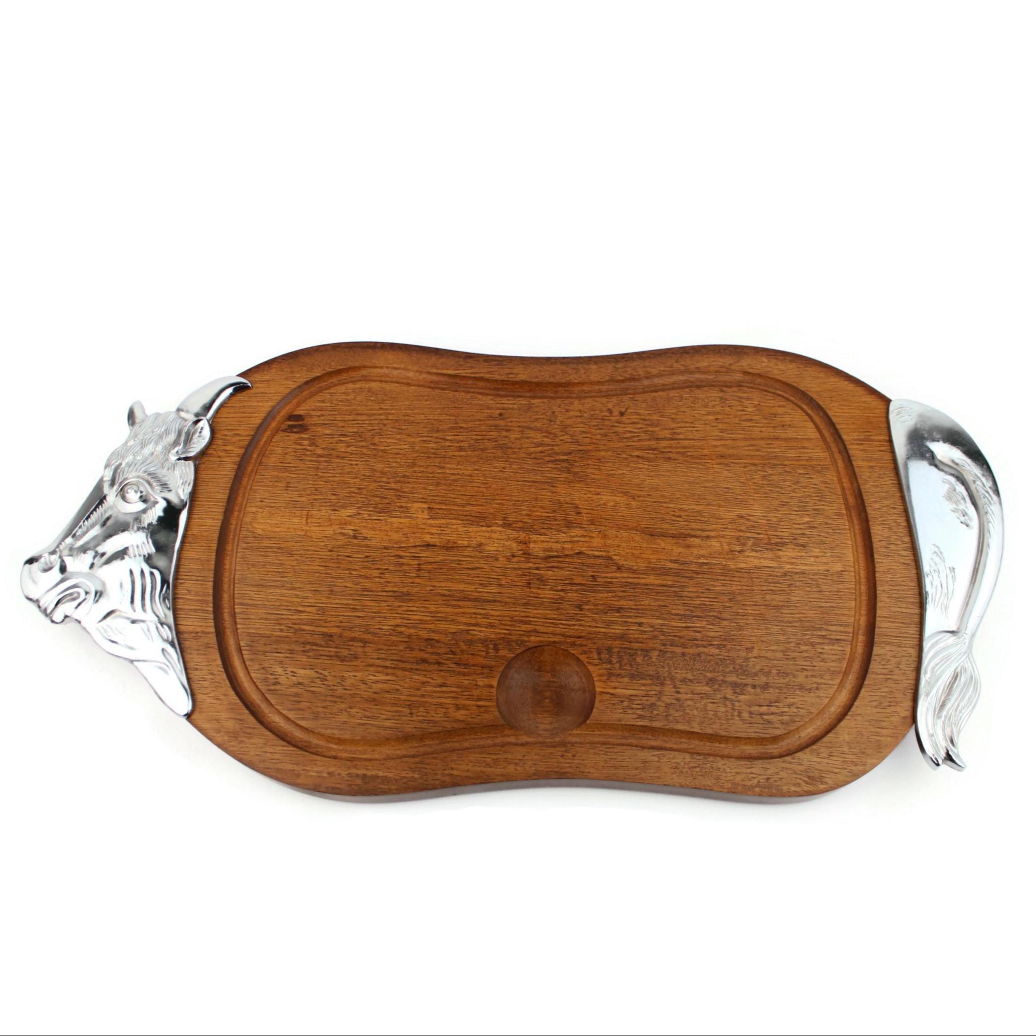 Wooden Cow Carving Board, Butcher Style Cutting Board, Wood Board With Metal Cow Head, Vintage Bull Steak Serving Platter, Farmhouse Decor