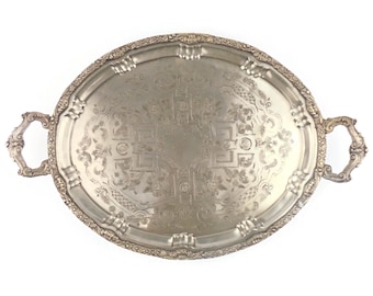 Bandeja marroquí antigua, bandeja ovalada para servir, bandeja marroquí grabada a mano, bandeja artesanal con ornamentación árabe, bandeja de comedor vintage con asas.