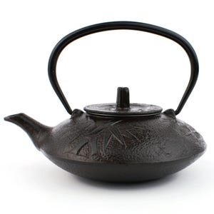 Japanese Cast Iron Teapot, Floral Bamboo Relief, Tetsubin Style Kettle, 0.5L Tea Pot With Strainer, Vintage Japan, Dark Brown Patina
