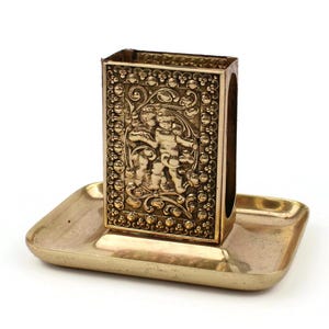 Antique French Brass Match Holder With Cherub, Match Box Holder On Tray, Rococo Matches Holder, Matchstick Holder With Putti Relief