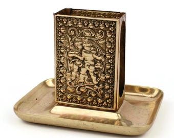 Antique French Brass Match Holder With Cherub, Match Box Holder On Tray, Rococo Matches Holder, Matchstick Holder With Putti Relief