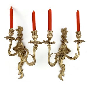 Antique French Brass Sconces, Vintage Wall Mounted Candle Holders, Brass Wall Light France, Victorian Style Wall Decor