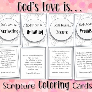 Puede incluir: Cuatro tarjetas para colorear en blanco y negro con corazones y versículos bíblicos sobre el amor de Dios. Las tarjetas dicen "El amor de Dios es... Eterno", "El amor de Dios es... Inquebrantable", "El amor de Dios es... Seguro", y "El amor de Dios es... Prometido".