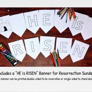 May include: A printable banner with the words "HE IS RISEN" in large letters. The banner is designed to be colored in with crayons or markers. The banner is perfect for decorating for Easter.