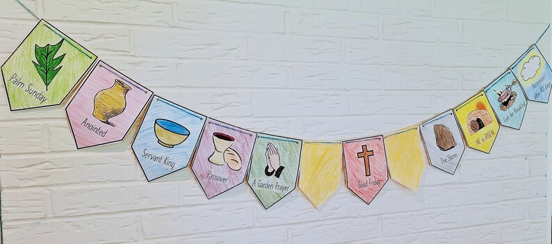 May include: A colorful banner with illustrations and text depicting the events of Holy Week. The banner includes images of a palm branch, a jar of oil, a bowl, a chalice, a cross, a stone, and a tomb. The text on the banner reads "Palm Sunday", "Anointed", "Servant King", "Passover", "A Garden Prayer", "Good Friday", "The Stone", "He is Risen".
