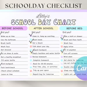Editable Schoolday checklist for kids | Kids Responsibility Chart | Printable | Kids Chore Chart |  Before School, After School, Before Bed