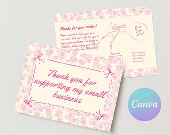 Coquette Bow Thank You Card | Editable Customer Thank You Business Packaging | DIY cute pink Retro Thank You Insert QR Canva Template | Pink