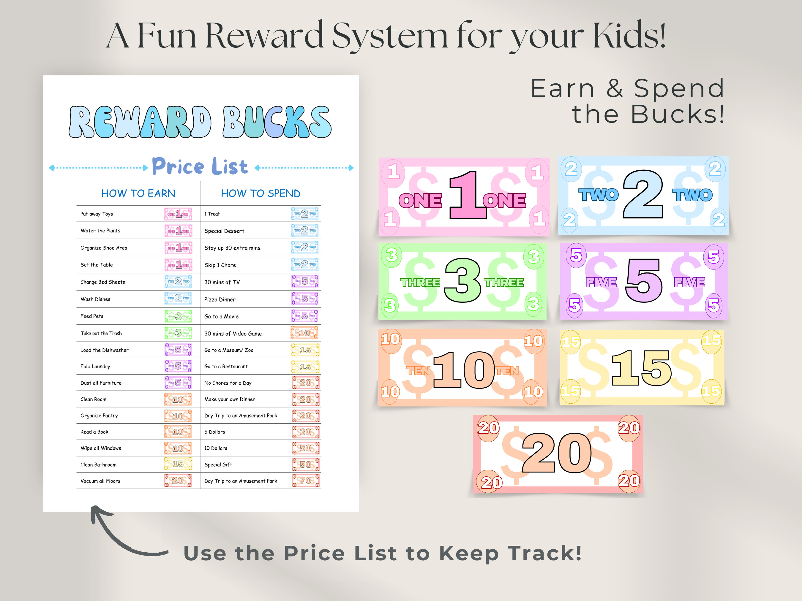 Editable Kids Reward Bucks and Chart - Printable - Reward Bucks - Chore ...
