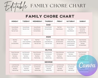 Weekly Family chore chart editable and printable pdf,Family Chore list,Household kid adult family schedule template canva, Family planner a4