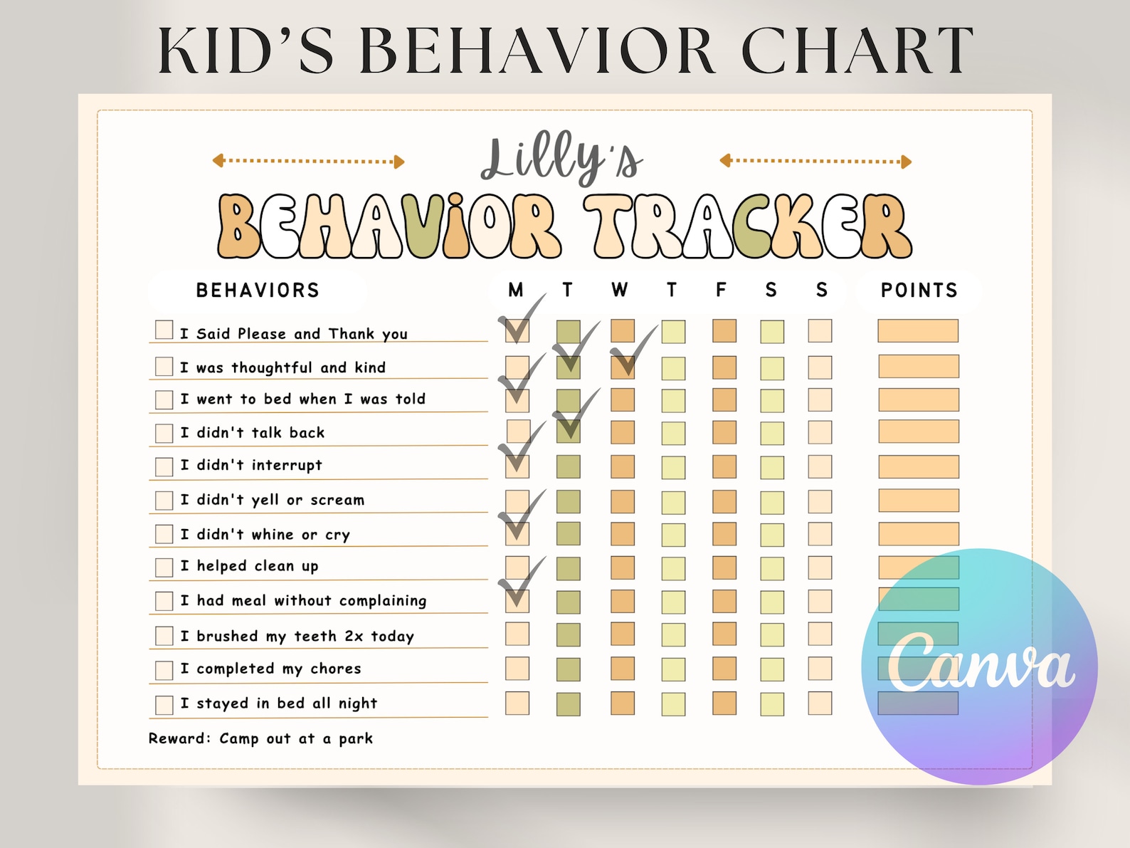 Editable Kids Behavior Tracker Chart Pastel Rainbow Design (digital