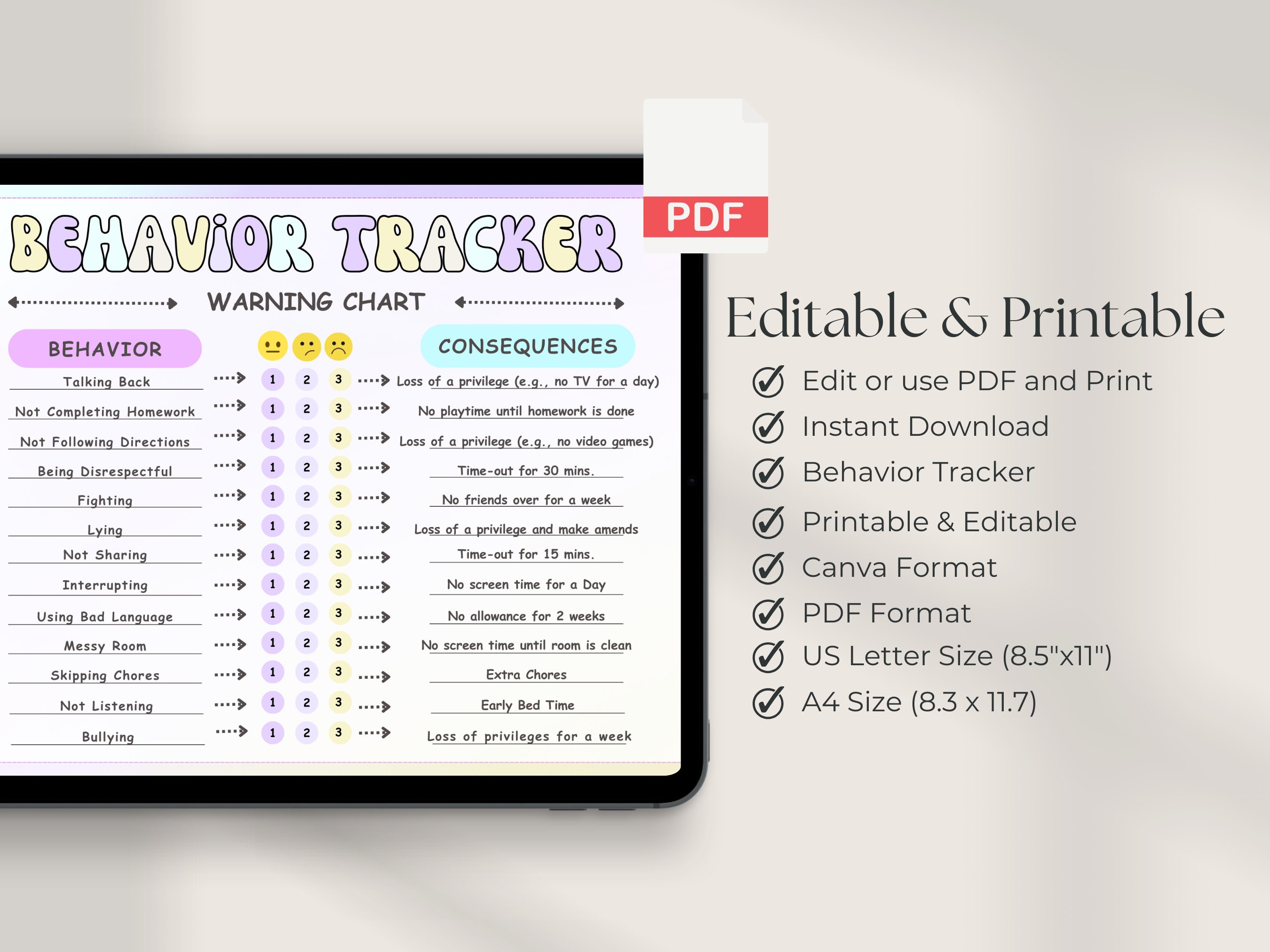 Behavior Tracker for Kids | Good Behavior Chart | Editable Behavior ...