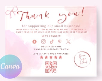 Coquette Bow Thank You Card | Editable Customer Thank You Business Packaging | DIY Trendy pink Retro Thank You Insert Canva Template