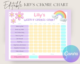 Editable Weekly Chore Chart Kids Teens Tweens Pre-Teens Daily and Weekly Responsibility Checklist Household Chores Before School