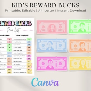 Kids Play Money | Editable Kids Reward Bucks | Chore Bucks | Good Behavior | Pretend Money | Bucks Reward system | Printable