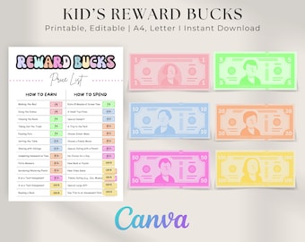 Editable Kids Reward Bucks, Printable, Mom Bucks, Kids Reward Coupons, Chore Bucks, Mom Money, Reward System for Kids, Good Behavior Bucks