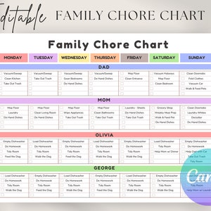 May include: A printable family chore chart with a colorful design. The chart is divided into days of the week and lists chores for each family member: Dad, Mom, Olivia, and George. The chores include tasks like vacuuming, sweeping, mopping, doing laundry, taking out the trash, and walking the dog.