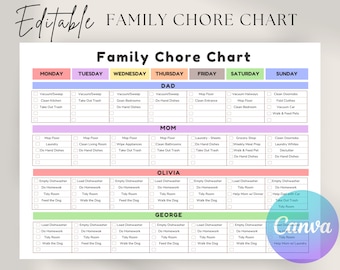 Editable Family Chore Chart | Printable Weekly Chore List | Kids, Adults Chore Chart | Cleaning Schedule, Cleaning Planner, Checklist | PDF