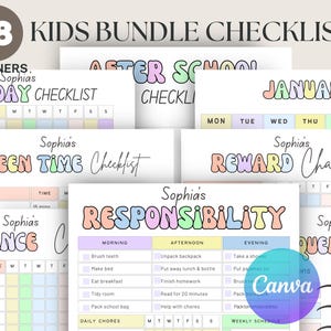 May include: A collection of 18 kids' checklists and planners, including a school day checklist, screen time checklist, and reward chart. The designs feature pastel colors and playful fonts, perfect for organizing daily routines.