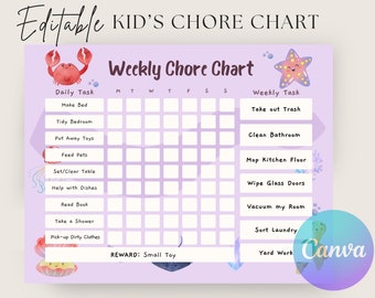 Editable Chore Chart for Kids | Printable | Kids Daily Weekly Responsibility Chart | Kids Chore List | Kids Daily Routine Checklist | PDF