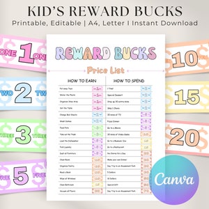 Editable Kids Reward Bucks | Printable Reward System for Kids | Chore Bucks | Play Money | Pretend Money | Good Behavior Bucks PDF