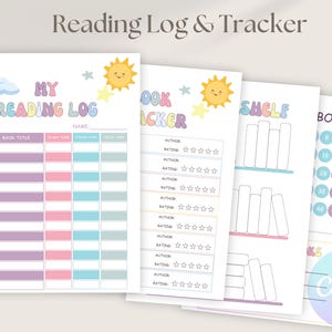 May include: A set of printable reading log and tracker pages. The pages feature a pastel color scheme with illustrations of a rainbow, sun, and stars. The pages include sections for book titles, author, and ratings.