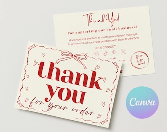 Coquette Bow Thank You Card | Editable Customer Thank You Business Packaging | DIY cute pink Retro Thank You Insert QR Canva Template Cheri