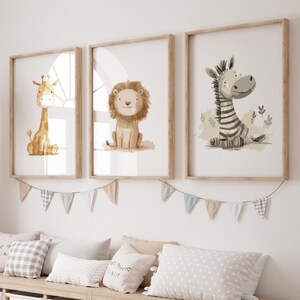 Safari Nursery Prints, Cute Sitting Animals, Giraffe Zebra Lion, Baby Room Decor, Printable Kids Wall Art, Gender Neutral Nursery Set of 3