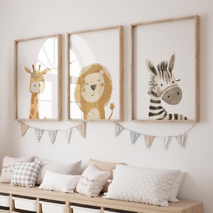 Safari Nursery Prints, Jungle Animal Wall Art, Giraffe Zebra Lion, Baby Room Decor, Printable Kids Art, Gender Neutral Nursery Set of 3 Boho