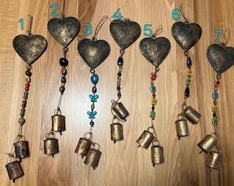 Doggie Door Bells, Metal Heart Topper , Gold Tone Vintage Chimes/Bells, Stone/Glass/Metal/Ceramic Beads. Bells, Dog Potty Training Bells