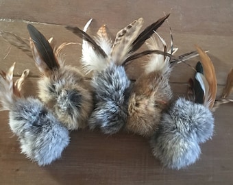 Birbit, Natural Rabbit Fur & Feathers Cat Toy, Handmade Cat Toys,  5 per pack