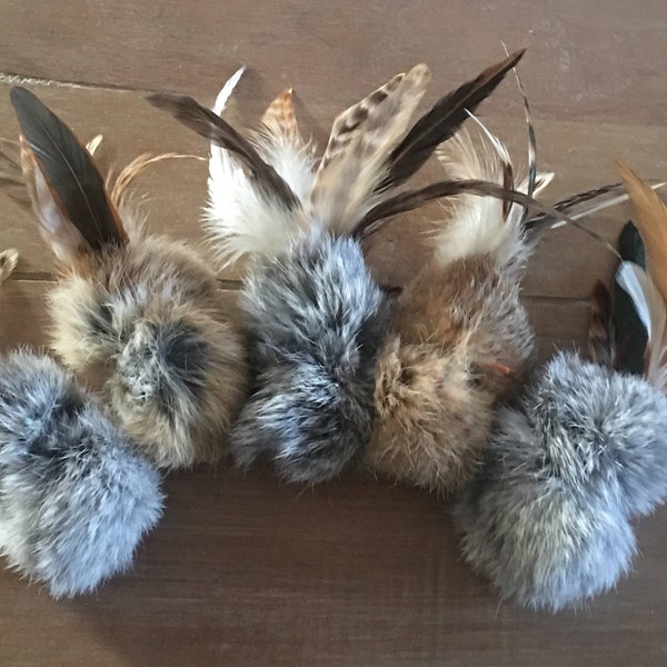 Birbit, Natural Rabbit Fur & Feathers Cat Toy, Handmade Cat Toys,  5 per pack