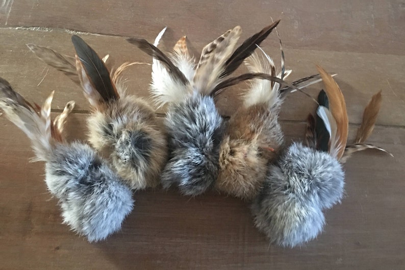Birbit, Natural Rabbit Fur & Feathers Cat Toy, Handmade Cat Toys,  5 per pack