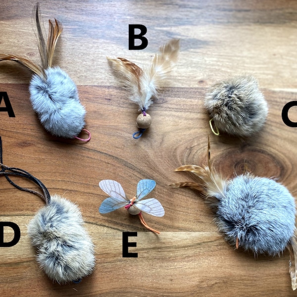 Pick 2 Cat-fishing Lures, Rabbit Fur, Feathers, Leather, Cork, Cheese Cloth Dragonfly Wings, Interactive Cat Toy