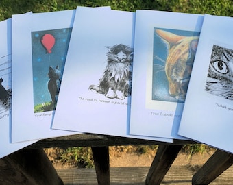 Pet Sympathy Cards for Cats, 5 per pack, each with a different image and verse, Unique Artwork & Verses