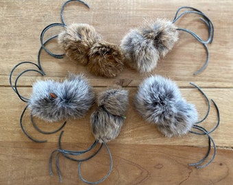 Fuzzy, Natural Rabbit Fur & Suede Leather Cord, Cat Toy, Handmade Cat Toys,  5 per pack