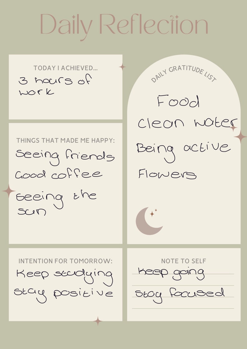 A calming digital template with a color palette of sage green and light brown, designed for daily reflections. Clean lines, subtle textures, and interactive elements create an aesthetically pleasing and accessible experience.