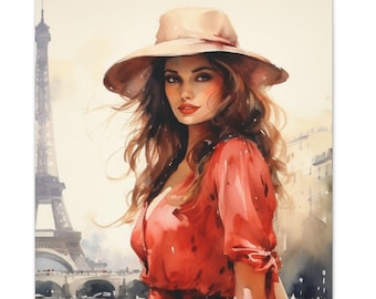 Paris Eiffel Tower Picture, stylish woman Paris, Eiffel tower, woman in red dress on banks of river seine watercolour style, canvas print